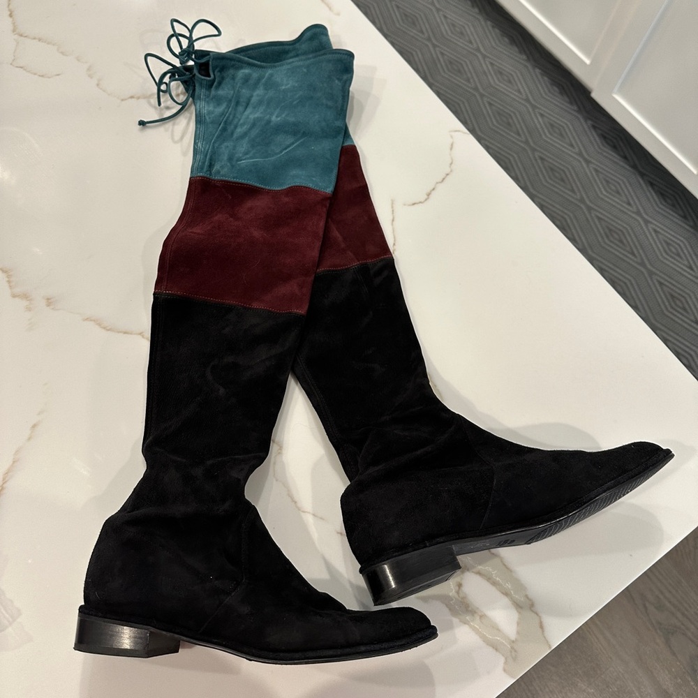 Stuart Weitzman Over-The-Knee Lowland Boots in Tri-Color Stretch Suede | Size 9